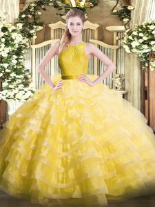 Yellow Quinceanera Dresses Military Ball and Sweet 16 and Quinceanera with Ruffled Layers Scoop Sleeveless Zipper