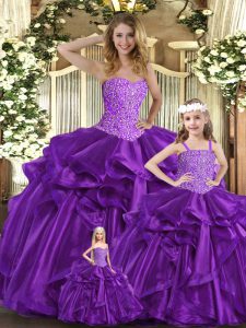 Sleeveless Organza Floor Length Lace Up Quinceanera Dress in Purple with Beading and Ruffles