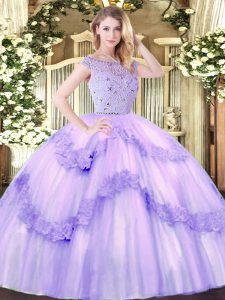 Ball Gowns Quince Ball Gowns Lavender Bateau Tulle Sleeveless Floor Length Zipper