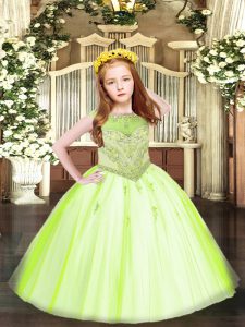 Scoop Sleeveless Pageant Gowns For Girls Floor Length Beading and Appliques Yellow Green Tulle