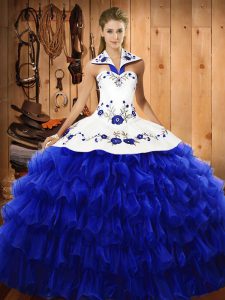 Royal Blue Vestidos de Quinceanera Military Ball and Sweet 16 and Quinceanera with Embroidery and Ruffled Layers Halter Top Sleeveless Lace Up