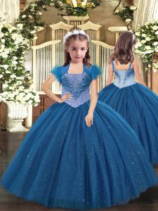 Dazzling Blue Pageant Dress Wholesale Party and Sweet 16 and Quinceanera and Wedding Party with Beading Straps Sleeveless Lace Up