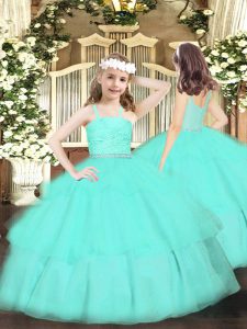 Apple Green Sleeveless Beading and Lace and Ruffled Layers Floor Length Winning Pageant Gowns