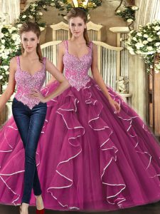Modern Beading and Ruffles Quinceanera Dress Fuchsia Lace Up Sleeveless Floor Length