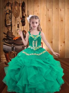 Fantastic Organza Straps Sleeveless Lace Up Embroidery and Ruffles High School Pageant Dress in Turquoise