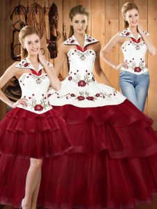 Amazing With Train Lace Up Quinceanera Gown Wine Red for Military Ball and Sweet 16 and Quinceanera with Embroidery and Ruffled Layers Sweep Train