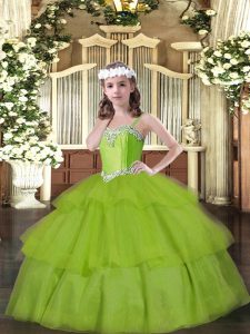 Olive Green Lace Up Straps Beading and Ruffled Layers Custom Made Pageant Dress Organza Sleeveless