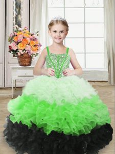 Multi-color Sleeveless Floor Length Beading and Ruffles Lace Up Little Girl Pageant Dress