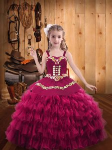 Pretty Embroidery and Ruffled Layers Little Girls Pageant Gowns Fuchsia Lace Up Sleeveless Floor Length