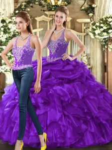 Modern Eggplant Purple Ball Gowns Beading and Ruffles Quinceanera Dresses Lace Up Tulle Sleeveless Floor Length