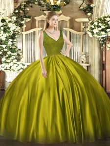 Fashionable Taffeta V-neck Sleeveless Zipper Beading Quinceanera Gowns in Olive Green