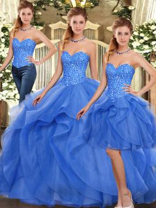 Lovely Floor Length Two Pieces Sleeveless Blue 15th Birthday Dress Lace Up