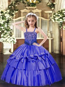 Stylish Blue Lace Up Straps Beading and Ruffled Layers Little Girls Pageant Dress Organza Sleeveless