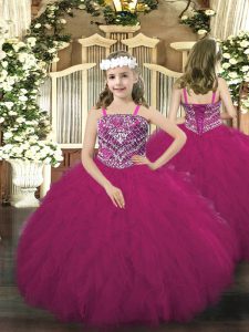 Latest Fuchsia Pageant Dress for Teens Party and Quinceanera with Beading and Ruffles Straps Sleeveless Lace Up