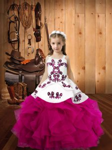 Floor Length Fuchsia Child Pageant Dress Organza Sleeveless Embroidery and Ruffles