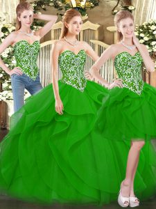 New Arrival Tulle Sweetheart Sleeveless Lace Up Beading and Ruffles Sweet 16 Dresses in Green