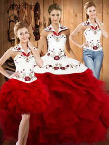 Modern Floor Length Wine Red Quinceanera Dresses Halter Top Sleeveless Lace Up
