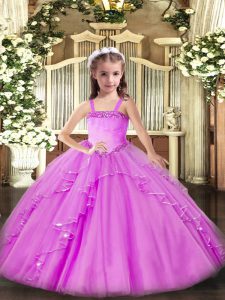 Amazing Lilac Pageant Dress Toddler Party and Quinceanera with Appliques and Ruffles Straps Sleeveless Lace Up