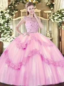 Unique Rose Pink Quince Ball Gowns Military Ball and Sweet 16 and Quinceanera with Beading and Appliques Bateau Sleeveless Zipper