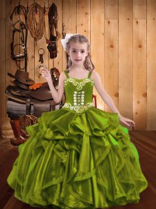 Trendy Olive Green Sleeveless Floor Length Embroidery and Ruffles Lace Up Kids Formal Wear