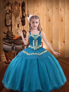 Organza Straps Sleeveless Lace Up Embroidery and Ruffles Little Girls Pageant Dress Wholesale in Teal