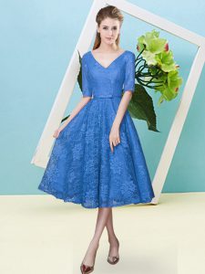 Tea Length Blue Quinceanera Dama Dress Lace Half Sleeves Bowknot