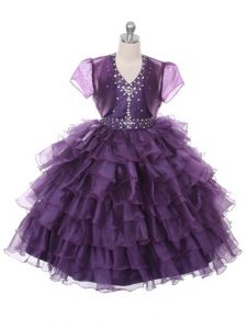 Halter Top Sleeveless Child Pageant Dress Floor Length Ruffled Layers Purple Organza