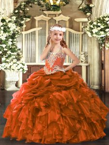 Rust Red Organza Lace Up Kids Formal Wear Sleeveless Floor Length Beading and Ruffles and Pick Ups