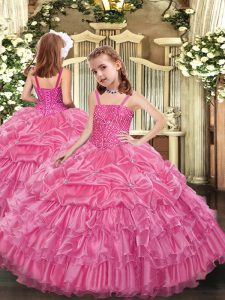 Trendy Rose Pink Organza Lace Up Straps Sleeveless Floor Length Pageant Dress for Girls Beading and Ruffled Layers and Pick Ups
