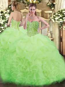 Best Yellow Green Organza Lace Up 15th Birthday Dress Sleeveless Floor Length Beading and Ruffles