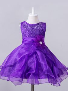 Lovely Purple Zipper Kids Formal Wear Beading and Hand Made Flower Sleeveless Knee Length