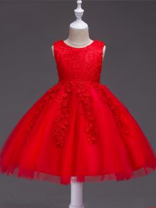Knee Length Red Little Girl Pageant Dress Scoop Sleeveless Zipper