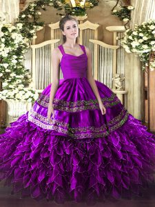 Custom Fit Straps Sleeveless 15th Birthday Dress Floor Length Beading and Lace and Ruffles Fuchsia Organza