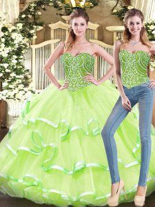 Best Selling Yellow Green Sweetheart Neckline Beading and Ruffled Layers Quince Ball Gowns Sleeveless Lace Up