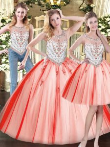 Romantic Scoop Sleeveless Sweet 16 Dress Floor Length Beading Red Tulle