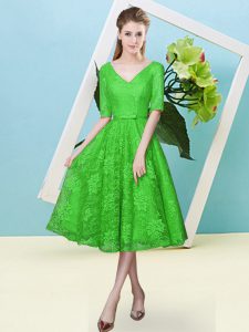 Edgy Green Lace Up Dama Dress for Quinceanera Bowknot Half Sleeves Tea Length