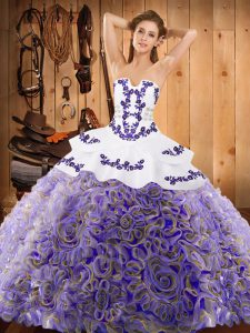 Modern Multi-color Ball Gowns Satin and Fabric With Rolling Flowers Strapless Sleeveless Embroidery With Train Lace Up Ball Gown Prom Dress Sweep Train