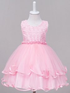 Sleeveless Tulle Knee Length Zipper Pageant Dresses in Baby Pink with Lace