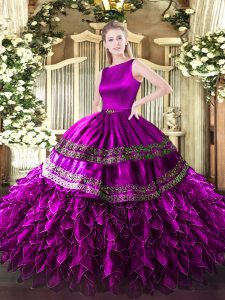 Sleeveless Satin and Organza Floor Length Clasp Handle 15th Birthday Dress in Fuchsia with Ruffles