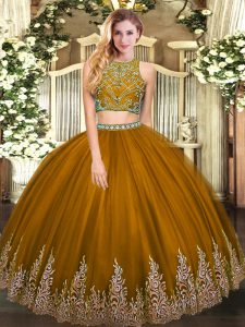 Floor Length Zipper Vestidos de Quinceanera Brown for Military Ball and Sweet 16 and Quinceanera with Beading and Appliques