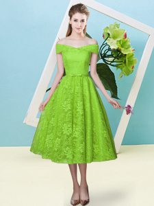 Yellow Green Off The Shoulder Neckline Bowknot Dama Dress for Quinceanera Cap Sleeves Lace Up