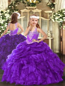 Popular Purple Organza Lace Up Pageant Gowns For Girls Sleeveless Floor Length Beading and Ruffles and Pick Ups