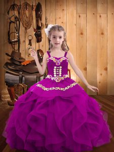 Fuchsia Pageant Dress Toddler Party and Sweet 16 and Quinceanera and Wedding Party with Embroidery and Ruffles Straps Sleeveless Lace Up