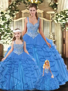 Customized Baby Blue Sleeveless Beading and Ruffles Floor Length Sweet 16 Dress