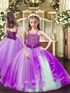 Low Price Floor Length Lilac Little Girls Pageant Dress Wholesale Tulle Sleeveless Beading