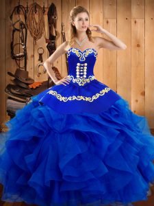 Royal Blue Satin and Organza Lace Up Sweetheart Sleeveless Floor Length Military Ball Dresses Embroidery and Ruffles