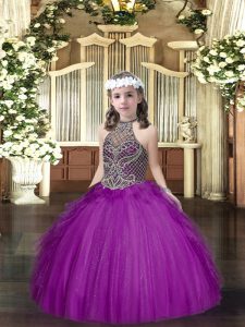 Purple Halter Top Lace Up Beading and Ruffles Girls Pageant Dresses Sleeveless