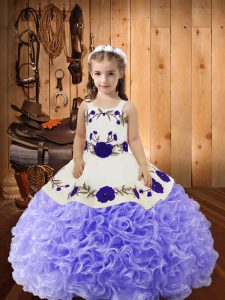 Lavender Straps Lace Up Embroidery and Ruffles Winning Pageant Gowns Sleeveless