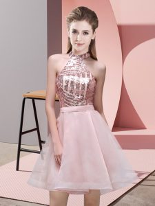 Artistic Pink Halter Top Neckline Sequins Quinceanera Dama Dress Sleeveless Backless