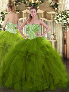 Glittering Floor Length Olive Green Military Ball Gowns Sweetheart Sleeveless Lace Up